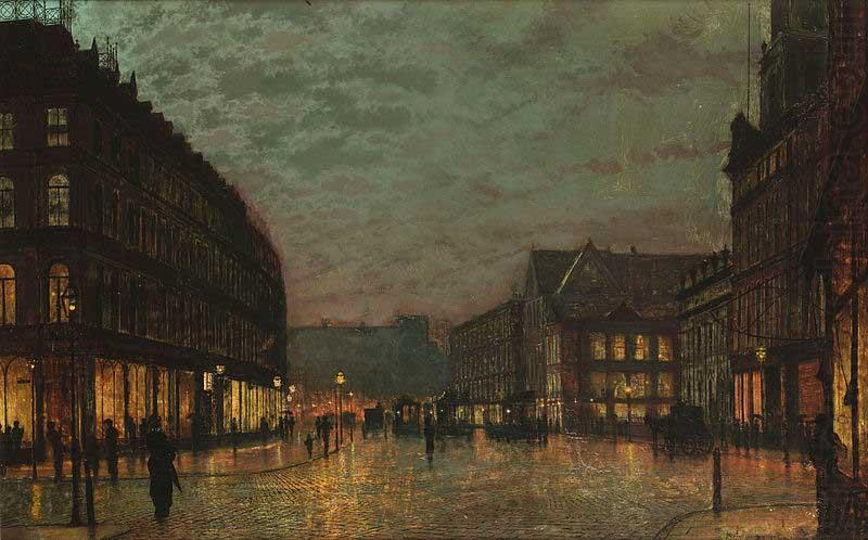 Boar Lane, Leeds, by lamplight. Signed and dated 'Atkinson Grimshaw 1881+' (lower right) signed and inscribed with title on reverse, John Atkinson Grimshaw